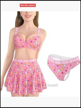High Waisted Pleated Mini Skirt Bralette Panty Set Plus Size Lingerie